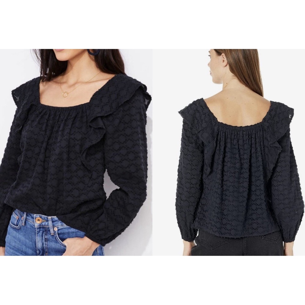 Vineyard Vines Black Wavy Textured Cotton Ruffle Sleeve Preppy Top 100% Cotton M